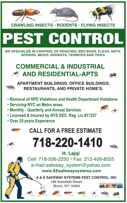 A and E Safeway Systems Pest Control Inc. | 189 Schofield St, Bronx, NY 10464 | Phone: (718) 220-1410