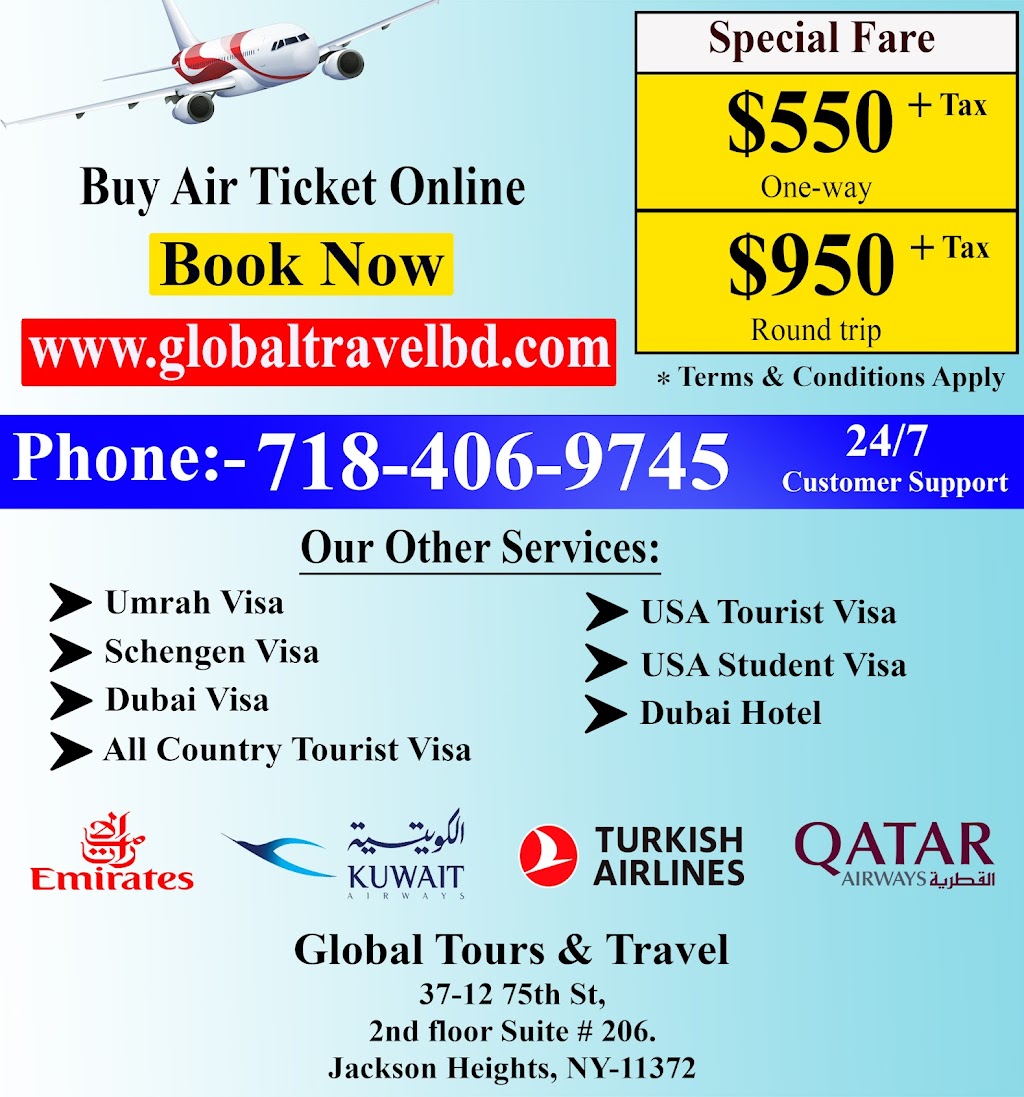 Global Tours And Travel Inc | 37-12 75th Street 2nd Floor Suite : 206, Jackson Heights, NY 11372 | Phone: (718) 200-2655