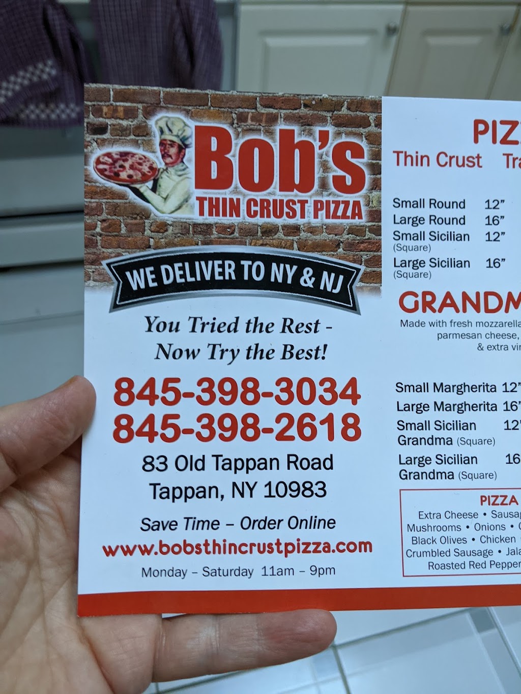 Bobs Thin Crust Pizza | 83 Old Tappan Rd, Tappan, NY 10983 | Phone: (845) 398-2618