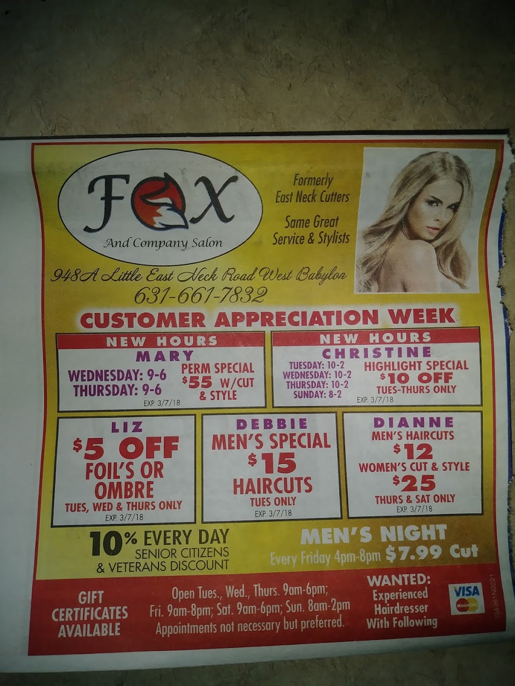 Fox and Company Salon | 948A Little E Neck Rd, West Babylon, NY 11704 | Phone: (631) 496-4089